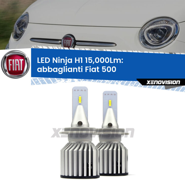 <strong>Kit abbaglianti LED specifico per Fiat 500</strong>  2007-2014. Lampade <strong>H1</strong> Canbus da 15.000Lumen di luminosità modello Ninja Xenovision.