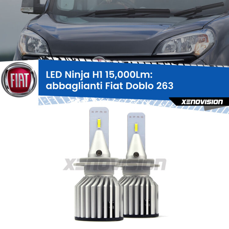 <strong>Kit abbaglianti LED specifico per Fiat Doblo</strong> 263 2010-2014. Lampade <strong>H1</strong> Canbus da 15.000Lumen di luminosità modello Ninja Xenovision.