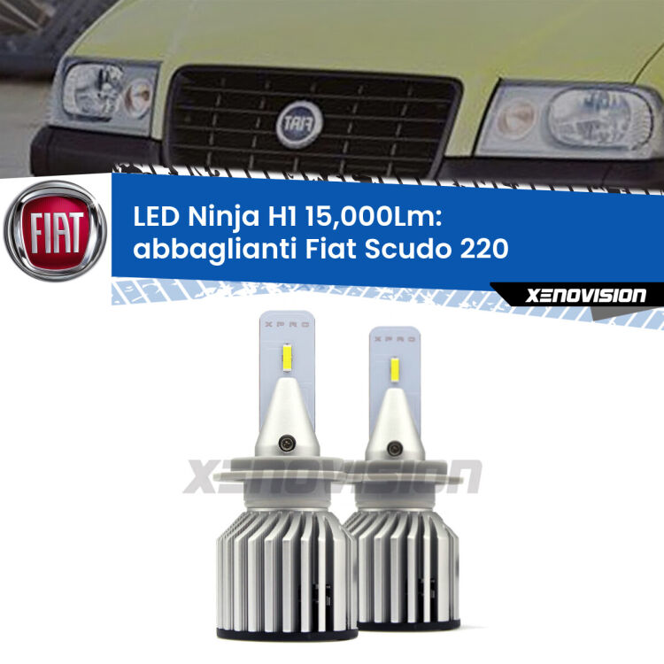 <strong>Kit abbaglianti LED specifico per Fiat Scudo</strong> 220 a parabola doppia. Lampade <strong>H1</strong> Canbus da 15.000Lumen di luminosità modello Ninja Xenovision.
