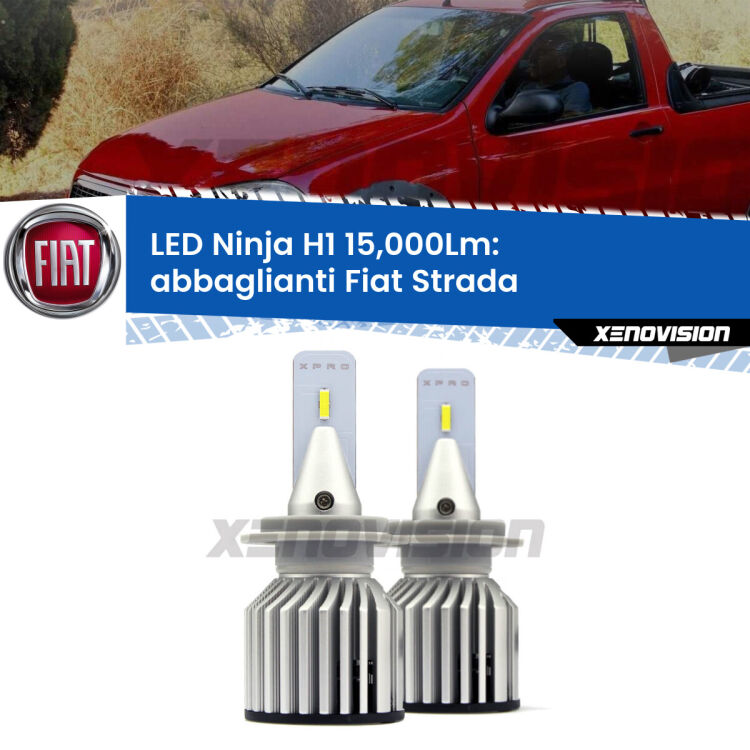 <strong>Kit abbaglianti LED specifico per Fiat Strada</strong>  a parabola doppia. Lampade <strong>H1</strong> Canbus da 15.000Lumen di luminosità modello Ninja Xenovision.