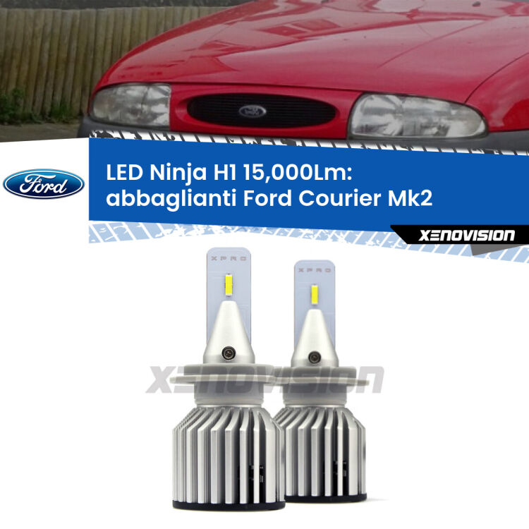 <strong>Kit abbaglianti LED specifico per Ford Courier</strong> Mk2 1996-1999. Lampade <strong>H1</strong> Canbus da 15.000Lumen di luminosità modello Ninja Xenovision.