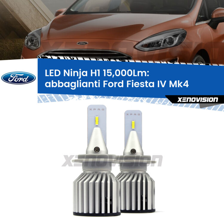 <strong>Kit abbaglianti LED specifico per Ford Fiesta IV</strong> Mk4 1995-1999. Lampade <strong>H1</strong> Canbus da 15.000Lumen di luminosità modello Ninja Xenovision.