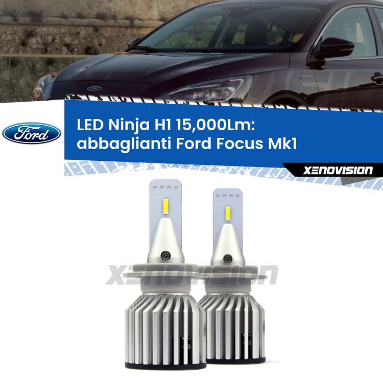 <strong>Kit abbaglianti LED specifico per Ford Focus</strong> Mk1 a parabola doppia. Lampade <strong>H1</strong> Canbus da 15.000Lumen di luminosità modello Ninja Xenovision.