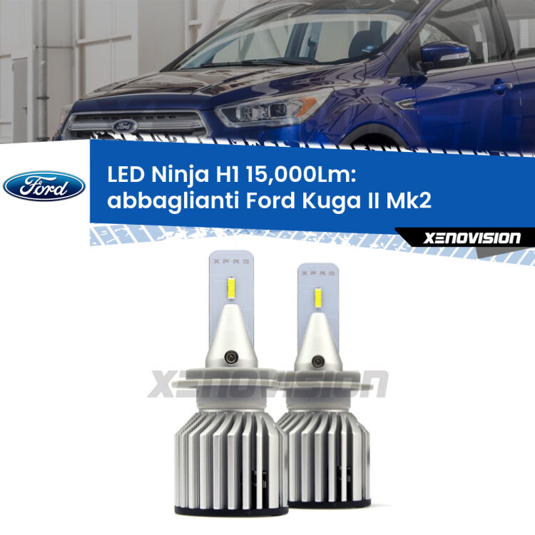 <strong>Kit abbaglianti LED specifico per Ford Kuga II</strong> Mk2 con fari Bi-Xenon. Lampade <strong>H1</strong> Canbus da 15.000Lumen di luminosità modello Ninja Xenovision.