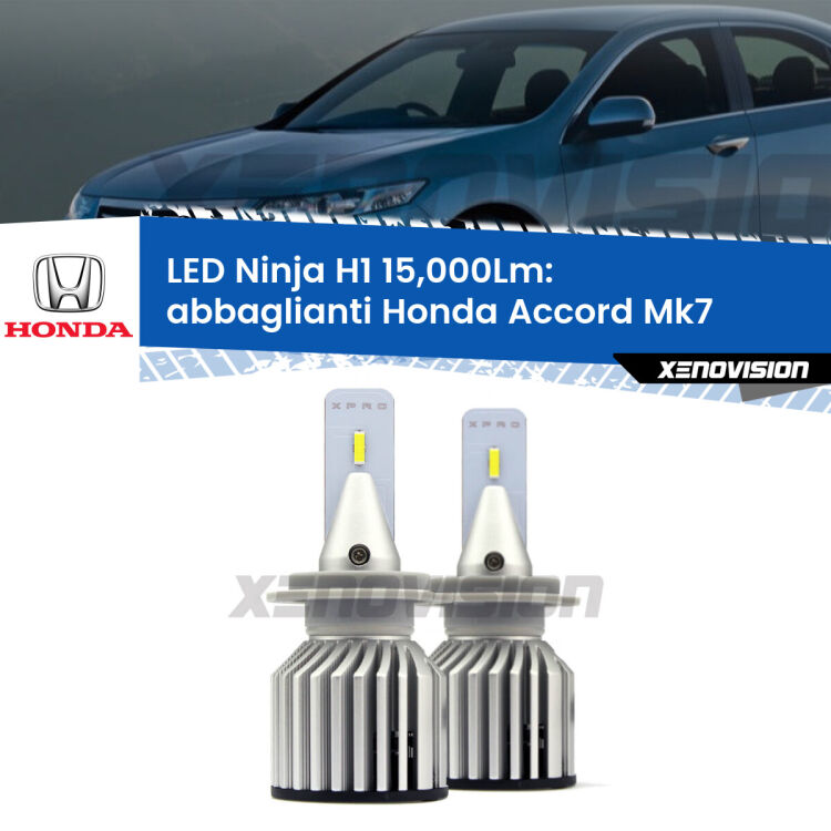 <strong>Kit abbaglianti LED specifico per Honda Accord</strong> Mk7 2002-2007. Lampade <strong>H1</strong> Canbus da 15.000Lumen di luminosità modello Ninja Xenovision.