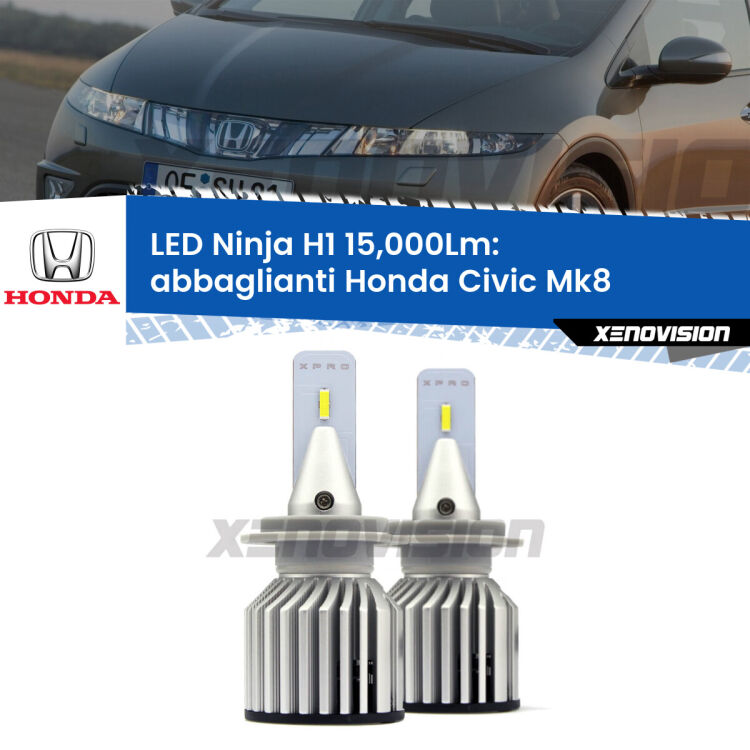 <strong>Kit abbaglianti LED specifico per Honda Civic</strong> Mk8 2005-2010. Lampade <strong>H1</strong> Canbus da 15.000Lumen di luminosità modello Ninja Xenovision.