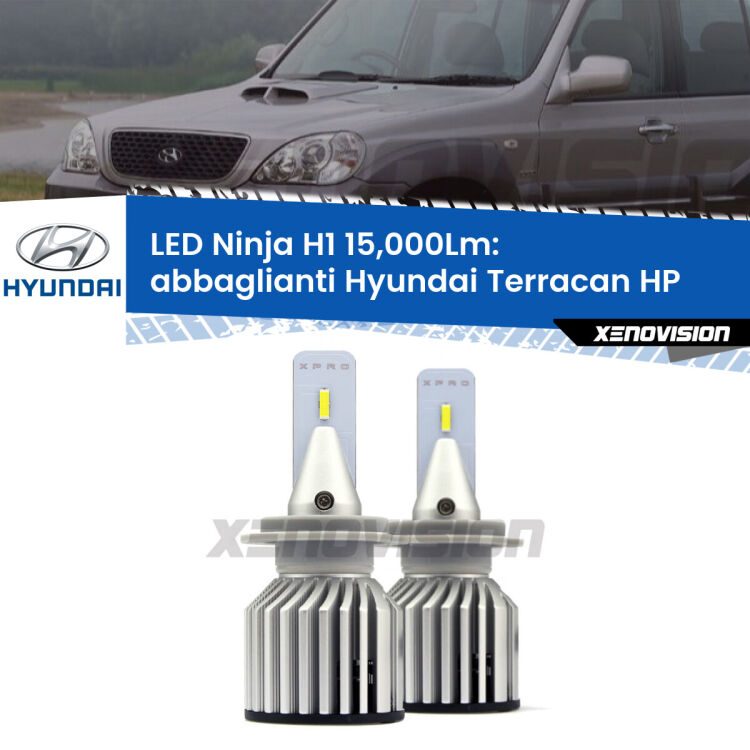 <strong>Kit abbaglianti LED specifico per Hyundai Terracan</strong> HP 2001-2006. Lampade <strong>H1</strong> Canbus da 15.000Lumen di luminosità modello Ninja Xenovision.