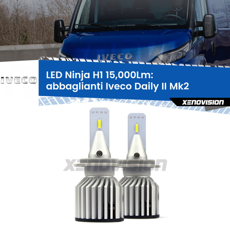 <strong>Kit abbaglianti LED specifico per Iveco Daily II</strong> Mk2 2006-2011. Lampade <strong>H1</strong> Canbus da 15.000Lumen di luminosità modello Ninja Xenovision.