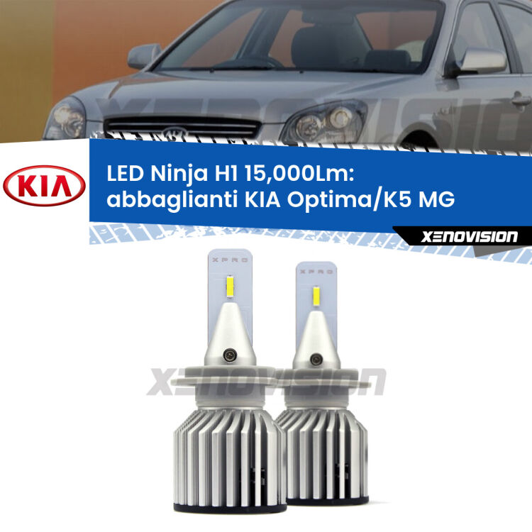 <strong>Kit abbaglianti LED specifico per KIA Optima/K5</strong> MG 2005-2009. Lampade <strong>H1</strong> Canbus da 15.000Lumen di luminosità modello Ninja Xenovision.