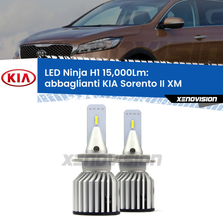 <strong>Kit abbaglianti LED specifico per KIA Sorento II</strong> XM 2009-2012. Lampade <strong>H1</strong> Canbus da 15.000Lumen di luminosità modello Ninja Xenovision.