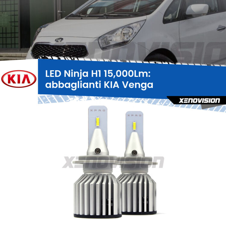 <strong>Kit abbaglianti LED specifico per KIA Venga</strong>  2010-2019. Lampade <strong>H1</strong> Canbus da 15.000Lumen di luminosità modello Ninja Xenovision.