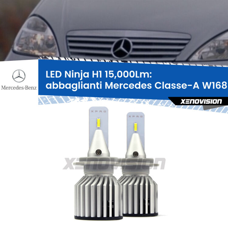<strong>Kit abbaglianti LED specifico per Mercedes Classe-A</strong> W168 1997-2004. Lampade <strong>H1</strong> Canbus da 15.000Lumen di luminosità modello Ninja Xenovision.