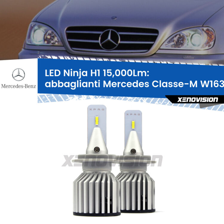 <strong>Kit abbaglianti LED specifico per Mercedes Classe-M</strong> W163 1998-2000. Lampade <strong>H1</strong> Canbus da 15.000Lumen di luminosità modello Ninja Xenovision.