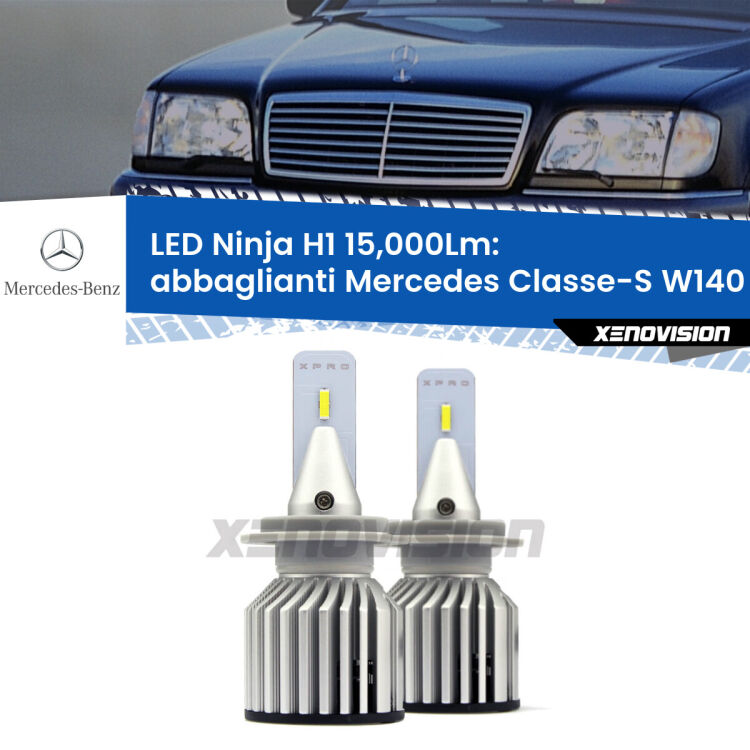 <strong>Kit abbaglianti LED specifico per Mercedes Classe-S</strong> W140 1991-1998. Lampade <strong>H1</strong> Canbus da 15.000Lumen di luminosità modello Ninja Xenovision.
