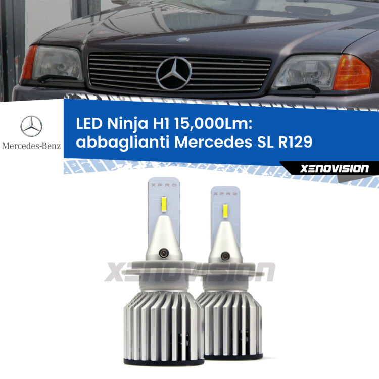 <strong>Kit abbaglianti LED specifico per Mercedes SL</strong> R129 con fari Xenon. Lampade <strong>H1</strong> Canbus da 15.000Lumen di luminosità modello Ninja Xenovision.