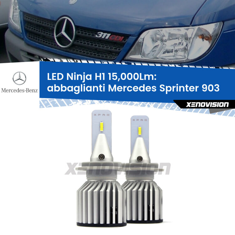 <strong>Kit abbaglianti LED specifico per Mercedes Sprinter</strong> 903 1995-2002. Lampade <strong>H1</strong> Canbus da 15.000Lumen di luminosità modello Ninja Xenovision.