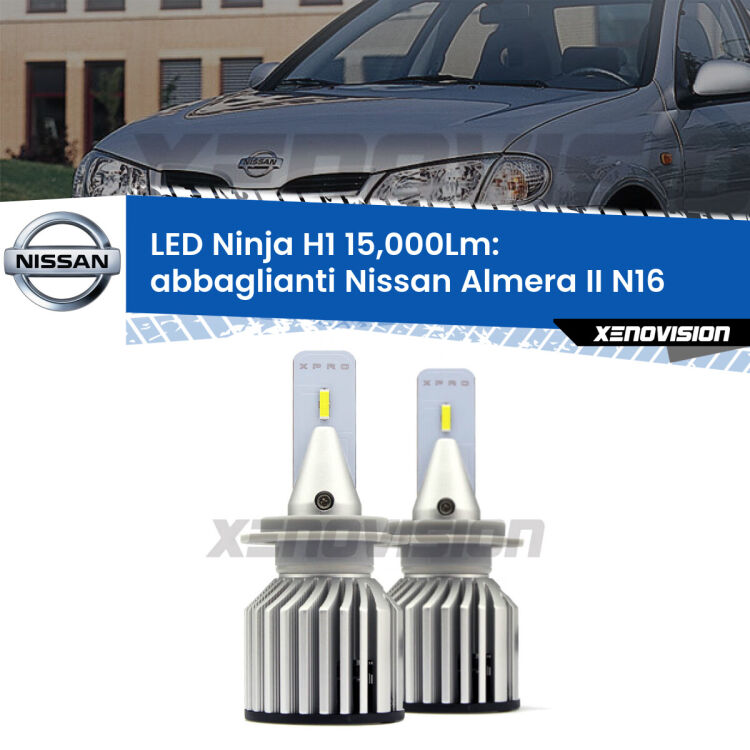 <strong>Kit abbaglianti LED specifico per Nissan Almera II</strong> N16 2000-2002. Lampade <strong>H1</strong> Canbus da 15.000Lumen di luminosità modello Ninja Xenovision.