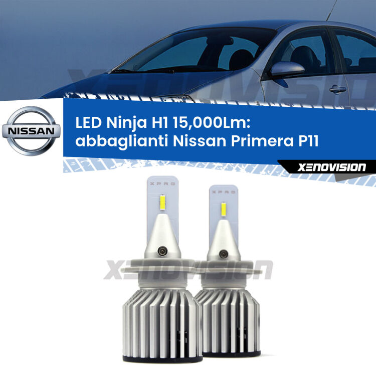 <strong>Kit abbaglianti LED specifico per Nissan Primera</strong> P11 1996-2001. Lampade <strong>H1</strong> Canbus da 15.000Lumen di luminosità modello Ninja Xenovision.