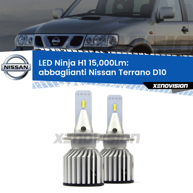 <strong>Kit abbaglianti LED specifico per Nissan Terrano</strong> D10 2013in poi. Lampade <strong>H1</strong> Canbus da 15.000Lumen di luminosità modello Ninja Xenovision.