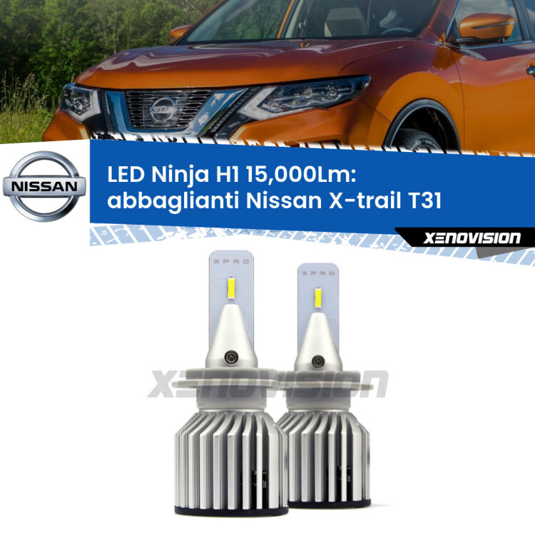 <strong>Kit abbaglianti LED specifico per Nissan X-trail</strong> T31 2007-2014. Lampade <strong>H1</strong> Canbus da 15.000Lumen di luminosità modello Ninja Xenovision.
