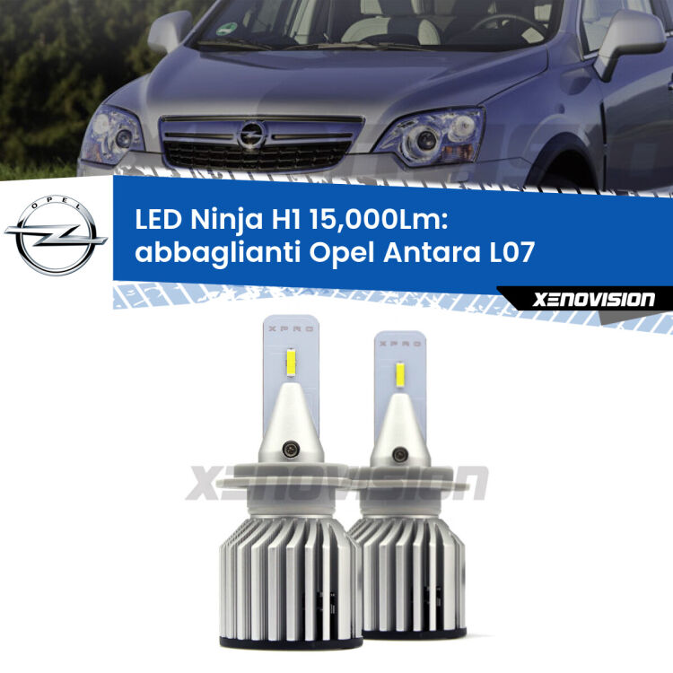 <strong>Kit abbaglianti LED specifico per Opel Antara</strong> L07 2006-2015. Lampade <strong>H1</strong> Canbus da 15.000Lumen di luminosità modello Ninja Xenovision.