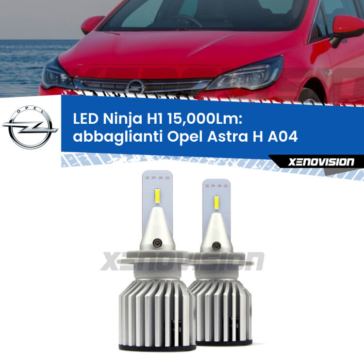 <strong>Kit abbaglianti LED specifico per Opel Astra H</strong> A04 2004-2014. Lampade <strong>H1</strong> Canbus da 15.000Lumen di luminosità modello Ninja Xenovision.