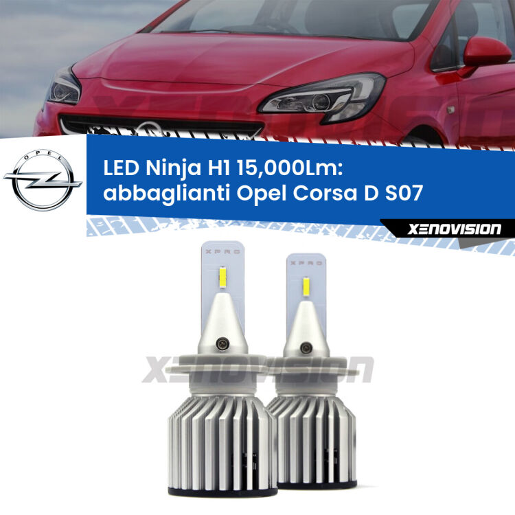 <strong>Kit abbaglianti LED specifico per Opel Corsa D</strong> S07 senza luci svolta. Lampade <strong>H1</strong> Canbus da 15.000Lumen di luminosità modello Ninja Xenovision.