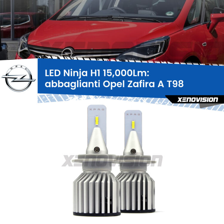 <strong>Kit abbaglianti LED specifico per Opel Zafira A</strong> T98 2003-2005. Lampade <strong>H1</strong> Canbus da 15.000Lumen di luminosità modello Ninja Xenovision.