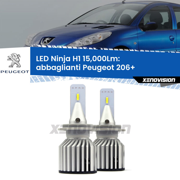 <strong>Kit abbaglianti LED specifico per Peugeot 206+</strong>  2009-2013. Lampade <strong>H1</strong> Canbus da 15.000Lumen di luminosità modello Ninja Xenovision.