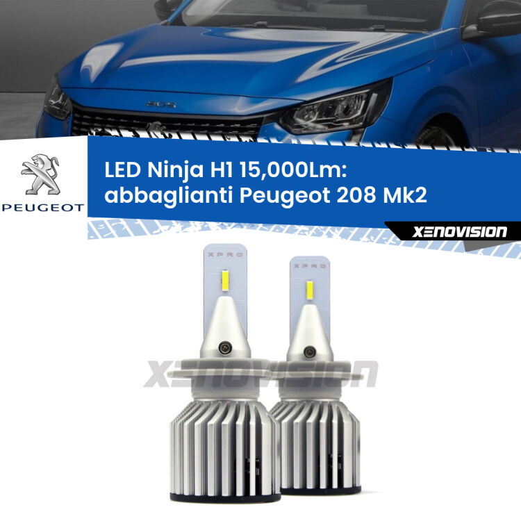 <strong>Kit abbaglianti LED specifico per Peugeot 208</strong> Mk2 2019in poi. Lampade <strong>H1</strong> Canbus da 15.000Lumen di luminosità modello Ninja Xenovision.