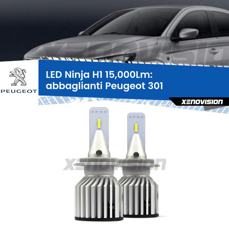 <strong>Kit abbaglianti LED specifico per Peugeot 301</strong>  2012-2017. Lampade <strong>H1</strong> Canbus da 15.000Lumen di luminosità modello Ninja Xenovision.