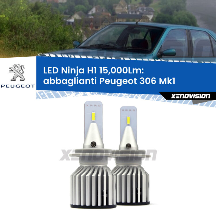 <strong>Kit abbaglianti LED specifico per Peugeot 306</strong> Mk1 1993-2001. Lampade <strong>H1</strong> Canbus da 15.000Lumen di luminosità modello Ninja Xenovision.