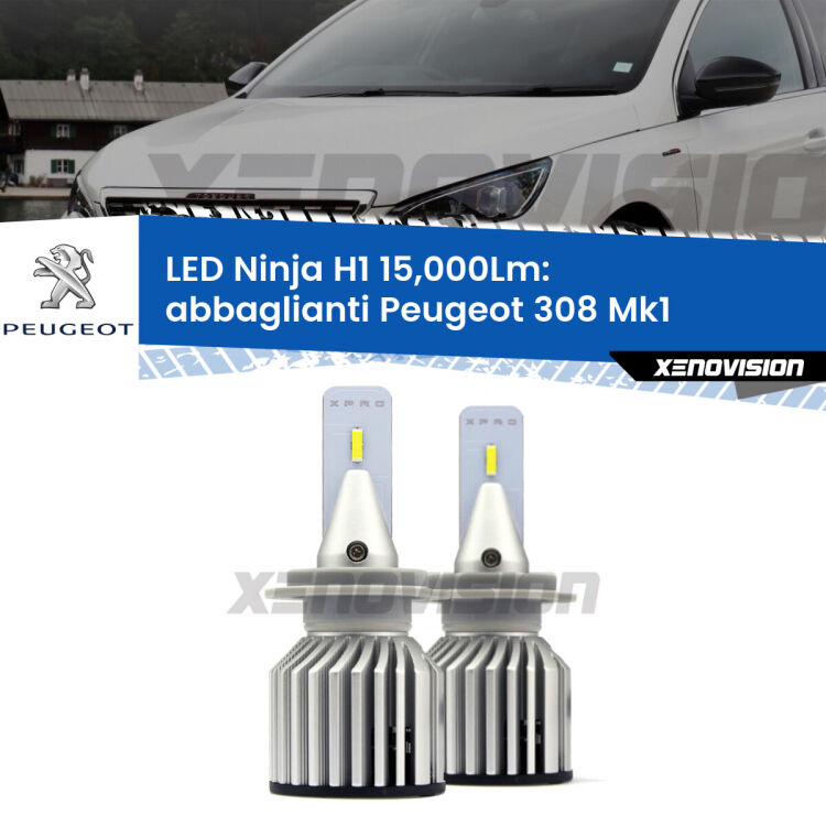 <strong>Kit abbaglianti LED specifico per Peugeot 308</strong> Mk1 2007-2012. Lampade <strong>H1</strong> Canbus da 15.000Lumen di luminosità modello Ninja Xenovision.