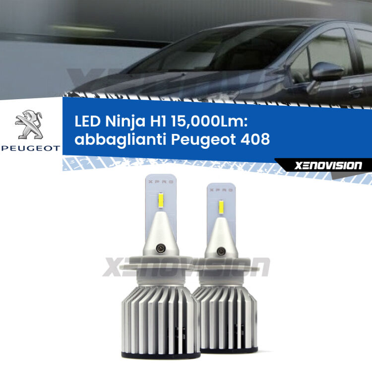 <strong>Kit abbaglianti LED specifico per Peugeot 408</strong>  2010in poi. Lampade <strong>H1</strong> Canbus da 15.000Lumen di luminosità modello Ninja Xenovision.