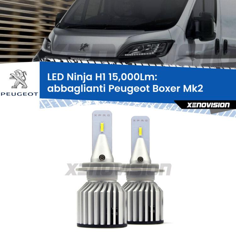 <strong>Kit abbaglianti LED specifico per Peugeot Boxer</strong> Mk2 2002-2005. Lampade <strong>H1</strong> Canbus da 15.000Lumen di luminosità modello Ninja Xenovision.