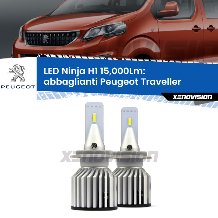 <strong>Kit abbaglianti LED specifico per Peugeot Traveller</strong>  2016in poi. Lampade <strong>H1</strong> Canbus da 15.000Lumen di luminosità modello Ninja Xenovision.