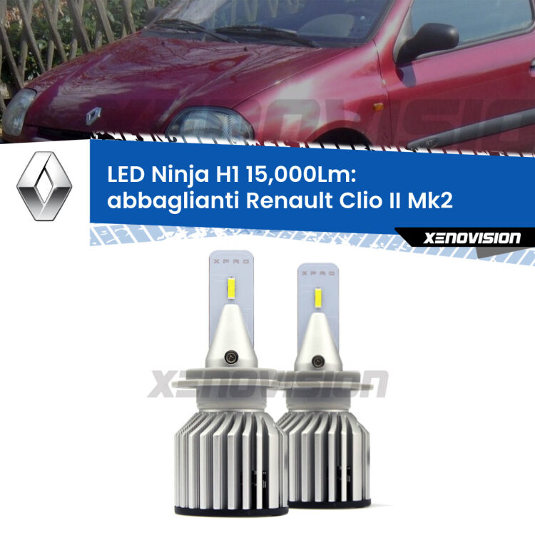 <strong>Kit abbaglianti LED specifico per Renault Clio II</strong> Mk2 a parabola doppia. Lampade <strong>H1</strong> Canbus da 15.000Lumen di luminosità modello Ninja Xenovision.