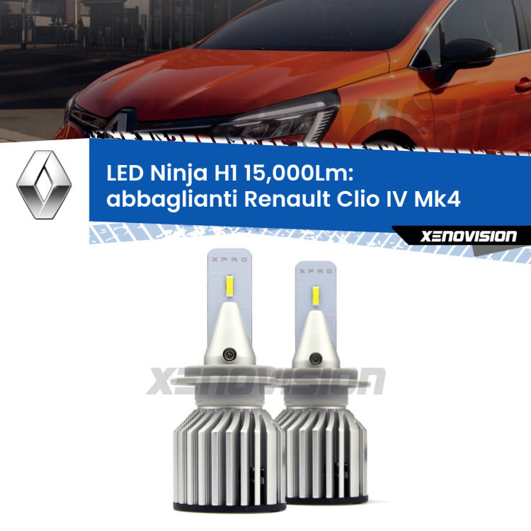 <strong>Kit abbaglianti LED specifico per Renault Clio IV</strong> Mk4 2012-2018. Lampade <strong>H1</strong> Canbus da 15.000Lumen di luminosità modello Ninja Xenovision.
