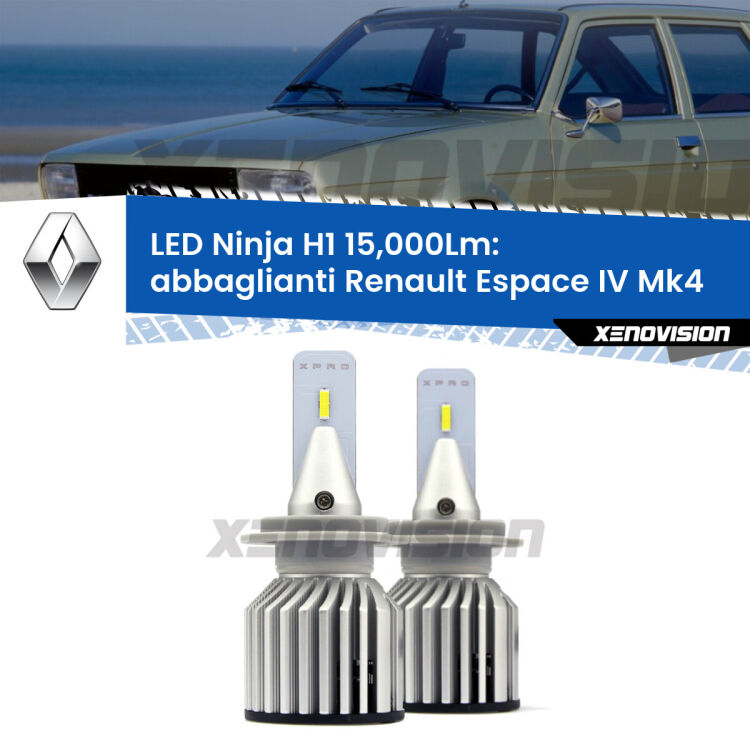 <strong>Kit abbaglianti LED specifico per Renault Espace IV</strong> Mk4 2006-2015. Lampade <strong>H1</strong> Canbus da 15.000Lumen di luminosità modello Ninja Xenovision.