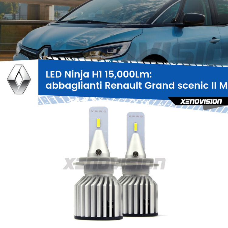 <strong>Kit abbaglianti LED specifico per Renault Grand scenic II</strong> Mk2 2004-2009. Lampade <strong>H1</strong> Canbus da 15.000Lumen di luminosità modello Ninja Xenovision.