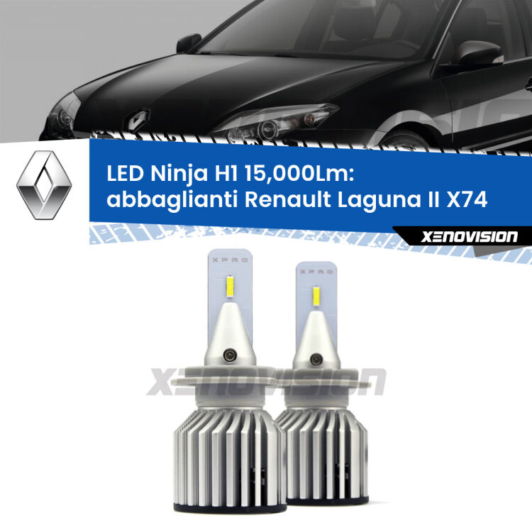 <strong>Kit abbaglianti LED specifico per Renault Laguna II</strong> X74 2000-2006. Lampade <strong>H1</strong> Canbus da 15.000Lumen di luminosità modello Ninja Xenovision.