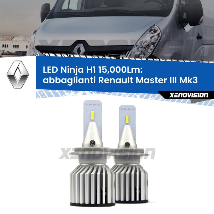 <strong>Kit abbaglianti LED specifico per Renault Master III</strong> Mk3 2010in poi. Lampade <strong>H1</strong> Canbus da 15.000Lumen di luminosità modello Ninja Xenovision.