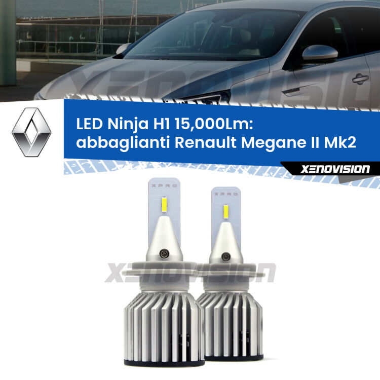 <strong>Kit abbaglianti LED specifico per Renault Megane II</strong> Mk2 2002-2007. Lampade <strong>H1</strong> Canbus da 15.000Lumen di luminosità modello Ninja Xenovision.
