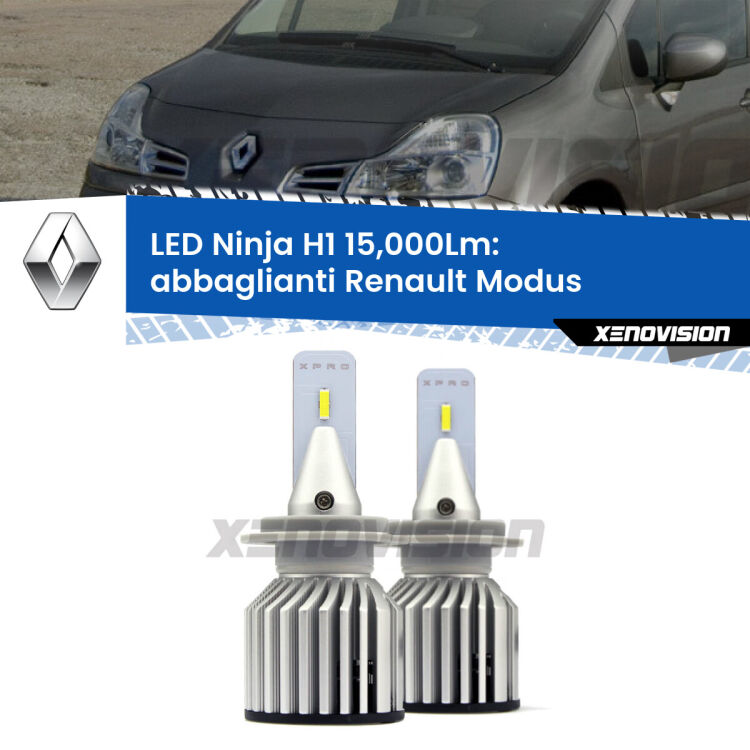 <strong>Kit abbaglianti LED specifico per Renault Modus</strong>  2004-2012. Lampade <strong>H1</strong> Canbus da 15.000Lumen di luminosità modello Ninja Xenovision.
