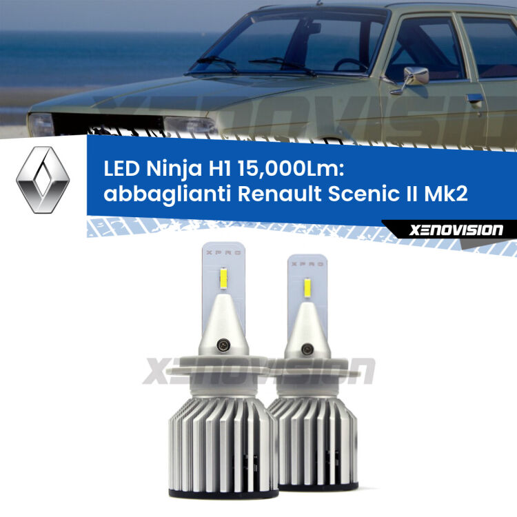 <strong>Kit abbaglianti LED specifico per Renault Scenic II</strong> Mk2 2003-2008. Lampade <strong>H1</strong> Canbus da 15.000Lumen di luminosità modello Ninja Xenovision.
