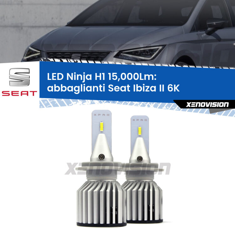 <strong>Kit abbaglianti LED specifico per Seat Ibiza II</strong> 6K a parabola doppia. Lampade <strong>H1</strong> Canbus da 15.000Lumen di luminosità modello Ninja Xenovision.