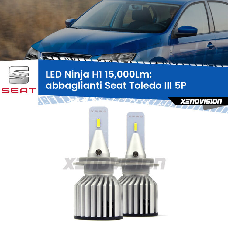 <strong>Kit abbaglianti LED specifico per Seat Toledo III</strong> 5P 2004-2009. Lampade <strong>H1</strong> Canbus da 15.000Lumen di luminosità modello Ninja Xenovision.