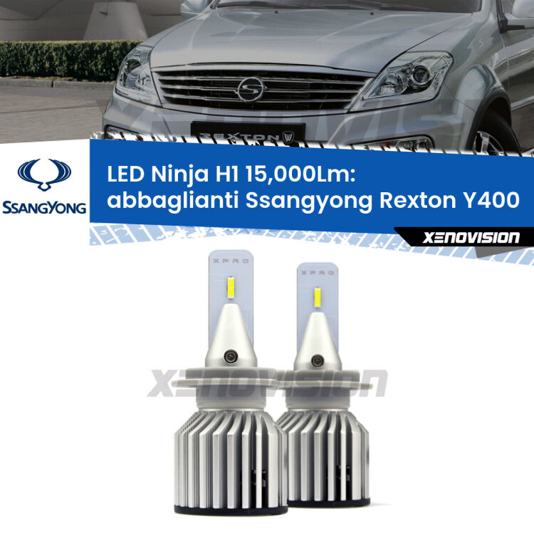 <strong>Kit abbaglianti LED specifico per Ssangyong Rexton</strong> Y400 2017in poi. Lampade <strong>H1</strong> Canbus da 15.000Lumen di luminosità modello Ninja Xenovision.