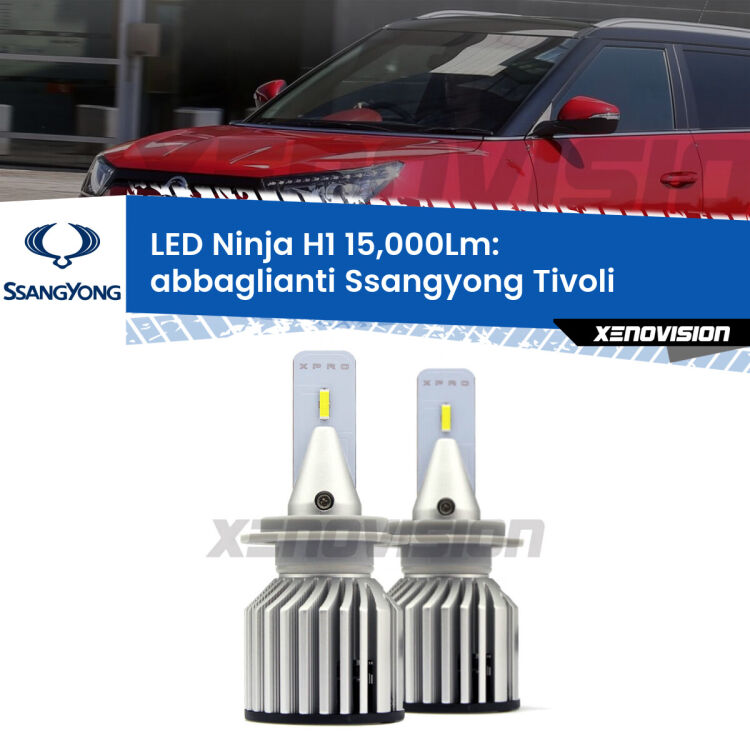 <strong>Kit abbaglianti LED specifico per Ssangyong Tivoli</strong>  2015in poi. Lampade <strong>H1</strong> Canbus da 15.000Lumen di luminosità modello Ninja Xenovision.