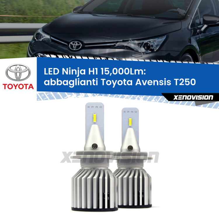 <strong>Kit abbaglianti LED specifico per Toyota Avensis</strong> T250 2003-2008. Lampade <strong>H1</strong> Canbus da 15.000Lumen di luminosità modello Ninja Xenovision.